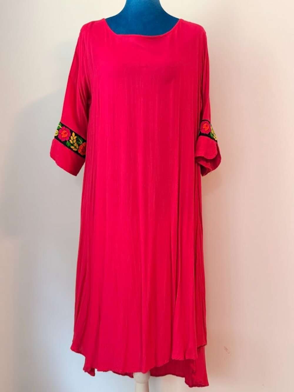Fuchsia Rayon Maxi Dress Embroidered Sleeve Trim